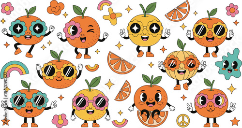Cute Orange Fruit Characters Collection with Funny Citrus Mascots, Slices, Rainbow and Retro Cartoon Elements for Kids Stickers, Summer Designs and Kawaii Illustrations