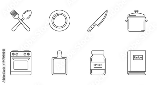 Cooking kitchen appliances and utensils simple line art icons