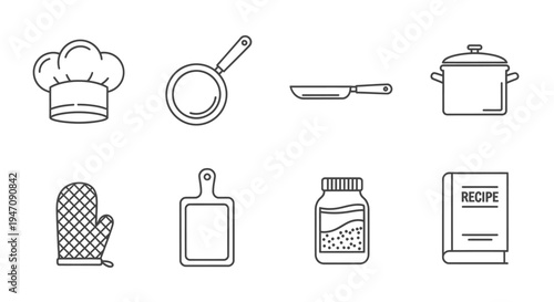 Cooking and kitchen utensils line art icons set