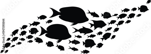 School of fish silhouette, marine life illustration, ocean wildlife art, collective swimming pattern, aquatic nature design, underwater animal graphic, ecology concept