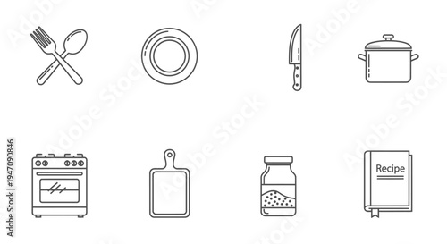 Cooking kitchen tools and culinary equipment outline icons set