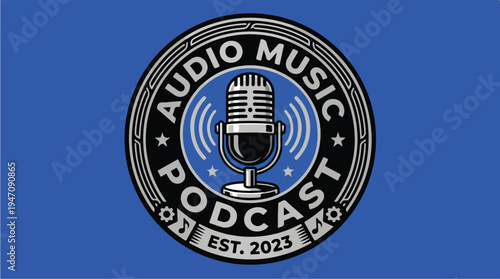 Retro Microphone Audio Music Podcast Est 2023 Emblem.