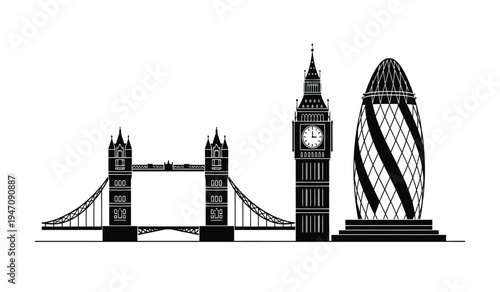 A minimalist black and white graphic illustration featuring iconic london architecture landmarks