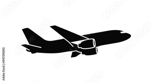 A stark black silhouette of a commercial passenger airplane in flight against a white background silhouette high quality