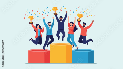 Successful diverse business team celebrating achievement by jumping together on colorful podium with trophies and confetti.
