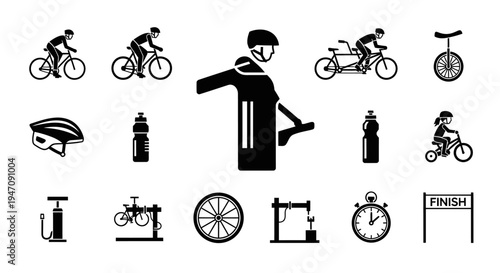 Cycling bicycle sports icons collection on white background