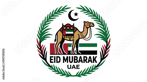 Eid Mubarak UAE circular emblem with camel national flag and palm wreath