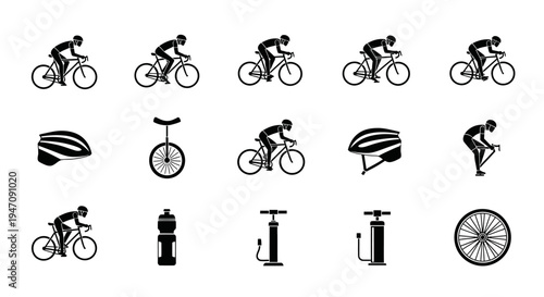 Cycling icons set with bicycles, helmets, and pumps