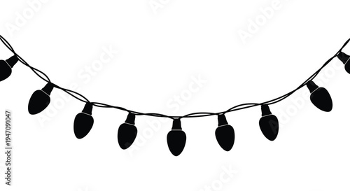 A string of black christmas lights hangs against a bright white background creating a stark silhouette high quality