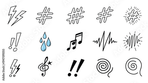 Comprehensive set of hand-drawn comic style graphic elements including lightning bolts, musical notes, and action line icons.