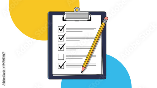 Business clipboard with completed survey checklist and yellow pencil over blue and yellow colorful abstract circles.