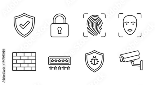 Digital cyber security and authentication technology line icons set