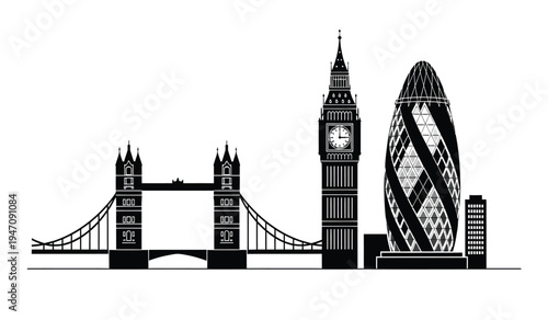 A detailed black silhouette illustration showcasing the iconic architectural skyline of london city
