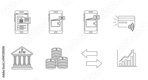 Digital finance, mobile banking, payment, and investment icons set