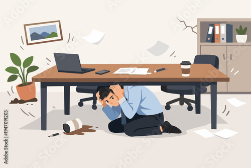 Businessman Hiding Under a Conference Table During an Earthquake for Safety, Flat Vector Illustration of an Employee Protecting Himself from Shaking and Falling Objects in an Office Disaster.