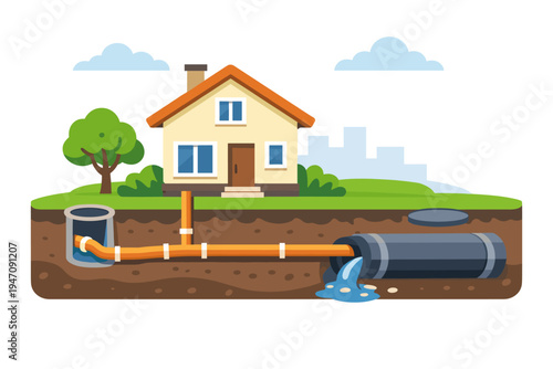 House Sewerage System Vector Illustration Showing Underground Drainage Pipes Connected to Public Sewer Main, Residential Plumbing Infrastructure and Sanitation Cross Section Diagram