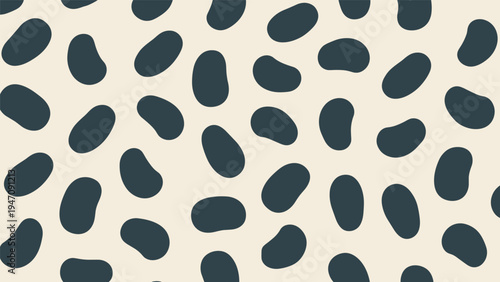 Abstract organic pattern featuring dark grey bean shaped blobs scattered randomly over neutral beige background color.