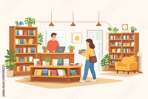 Flat vector illustration of a cozy bookstore interior with a male librarian at a counter and a female customer holding books, featuring wooden bookshelves, potted plants, and a yellow armchair.