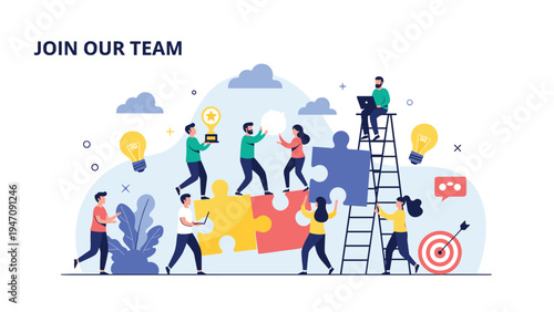 Business recruitment concept illustration with small professionals working together on puzzles under join our team text.