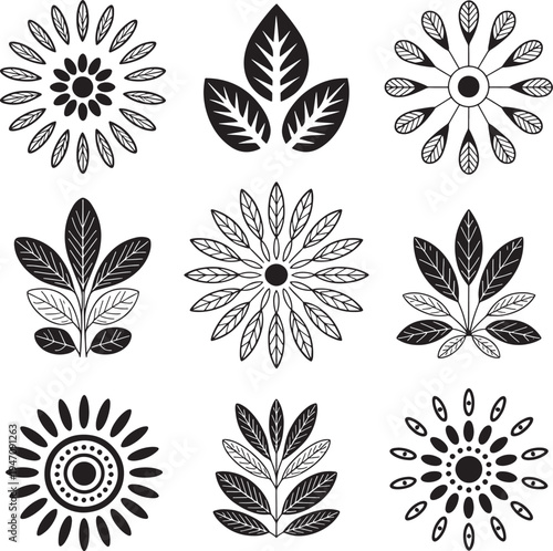 blackandwhite floral icons with leaves and flowers
