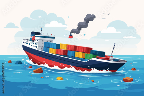 Flat Vector Illustration of a Large Cargo Ship Sinking in the Ocean After a Maritime Accident, Losing Freight Containers and Crates into the Sea, Environmental Pollution and Shipping Crisis