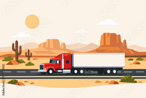 Red Semi Truck with White Trailer Driving on a Desert Highway Road with Mountains and Cacti Landscape Background, Flat Vector Illustration for Logistics, Freight, Shipping, and Delivery Concepts