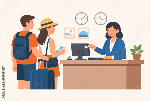 Young couple checking in at hotel reception desk with friendly female receptionist handing over room key card. Tourists with luggage and backpack arriving at lobby for vacation. Flat vector