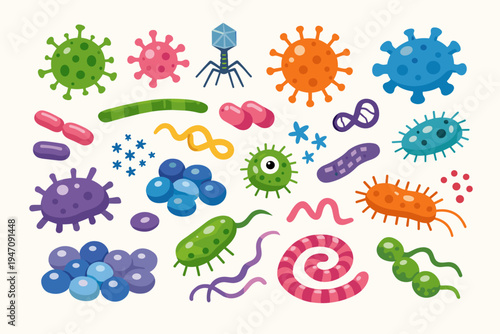 Collection of Colorful Bacteria and Virus Microorganisms in Flat Vector Style. Set of Pathogenic Microbes, Germs, and Infection Agents for Science, Biology, Medicine, and Health Education.