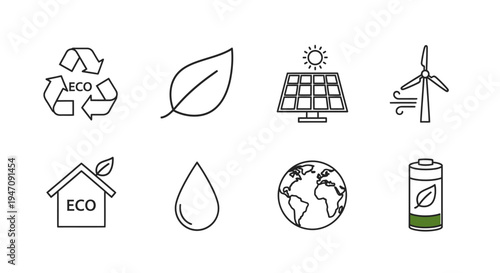 Eco friendly renewable energy and sustainability line icons set