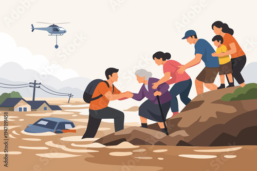 Community Solidarity During Natural Disaster: People Helping Each Other Escape Rising Flood Waters to Higher Ground with Rescue Helicopter and Submerged Houses in a Flat Vector Illustration