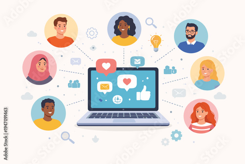 Flat vector illustration of a laptop computer connecting a diverse group of people via social media platforms, featuring icons for likes, messages, and hearts for global digital networking.