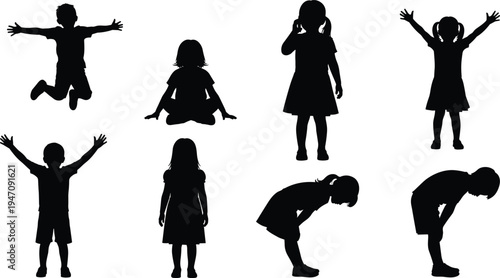 Collection of children silhouettes in different poses jumping standing bending sitting playful kids isolated vector illustration for education design