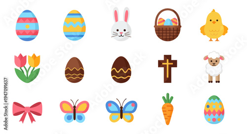 Easter icons eggs bunny basket chick