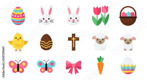 Easter icons eggs bunny faces flowers
