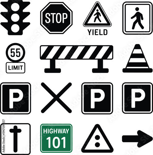 Traffic Road Signs and Transportation Safety Vector Icon Set