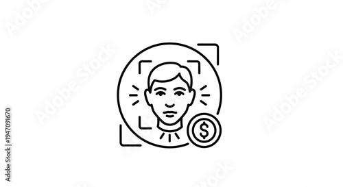Facial recognition scan with dollar sign line art icon