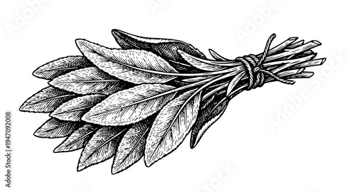 Tied herb leaf bundle vector engraving style on white isolated background for organic seasoning packaging design