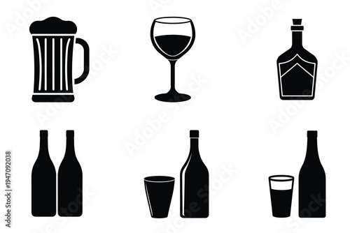 Alcoholic drink and beverage silhouette icon featuring beer mug wine glass, champagne bottle brewery service, pub bar refreshment more vector illustration or editable stroke.