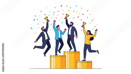 Diverse team of successful professionals in suits jumping on golden winner podium with trophies and colorful confetti.