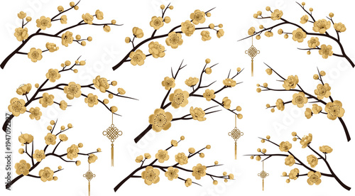 Golden Plum Blossom Branch Collection with Chinese New Year Hanging Ornaments and Elegant Floral Branches for Lunar Festival Decorations and Traditional Asian Design