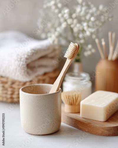 Wooden toothbrush stands in a speckled ceramic cup. Soft, folded towel sits in a wicker basket. Baby's breath flowers add delicate detail to the scene