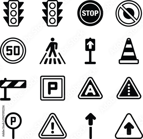 Traffic Safety and Road Sign Vector Icon Collection