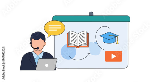 Online Course Instructor and E-learning Concept. Man with Headset, Laptop, Book, Graduation Cap, and Video Tutorial Screen.
