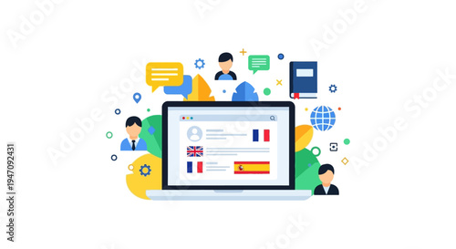 Online Language Learning Platform and Translation Service Interface on Laptop. Global Communication and Multicultural Education Vector.