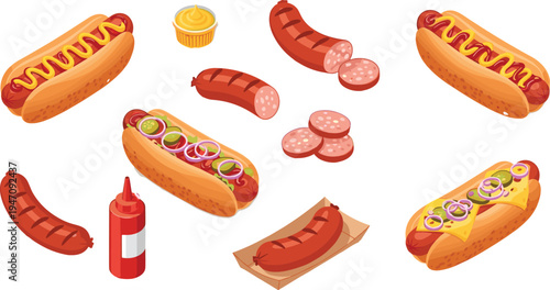 Hot Dog and Sausage Food Collection with Mustard, Ketchup, Grilled Bratwurst, Sandwich Toppings and Street Fast Food Snacks Isolated Vector Illustration Set