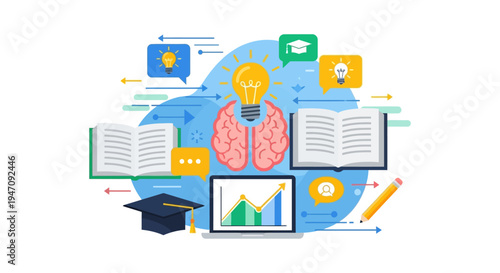 Education and Innovation Concept. Brain Generating Ideas, Learning Process, Online Courses, Knowledge Acquisition and Progress