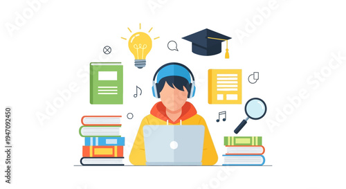 E-learning Student Concept. Young Person Studying Online with Laptop, Headphones, Books, Idea Bulb, and Graduation Cap.