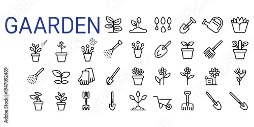 Line Art Icons For Gardening And Plant Care On White Background Keywords: gardening, garden, plants, icons, line art