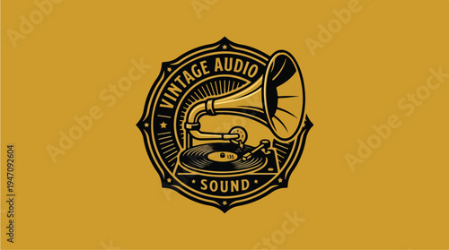 Vintage Audio Sound Emblem with Gramophone and Record.