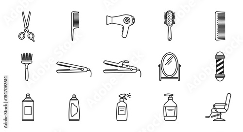 Hair salon and barber shop tools line art icons set